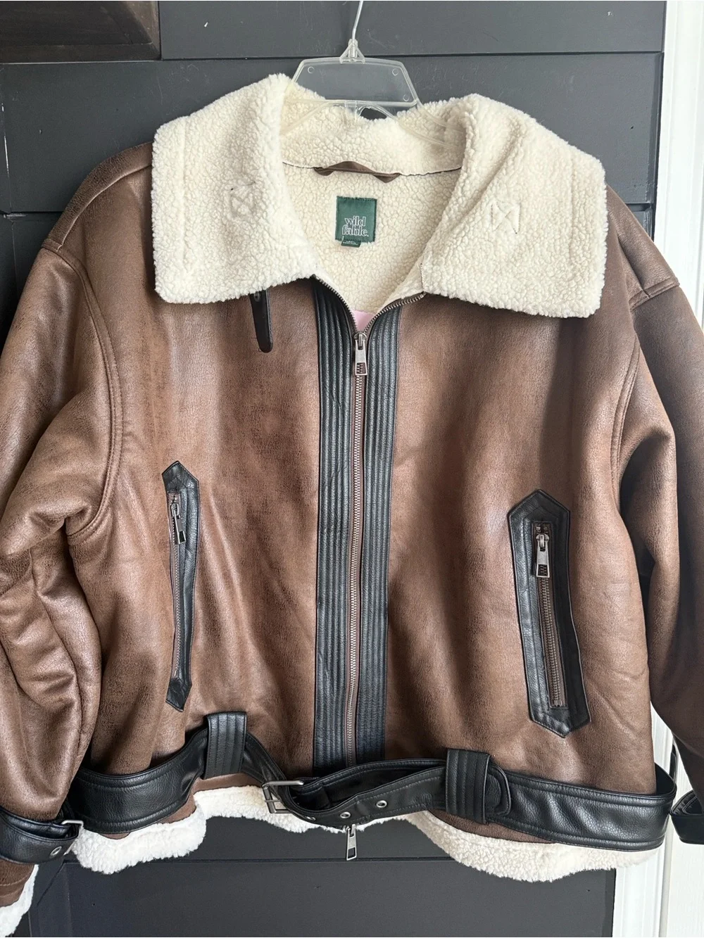 wild fable Brown Faux-Leather Bomber Jacket with Sherpa Collar XXL
